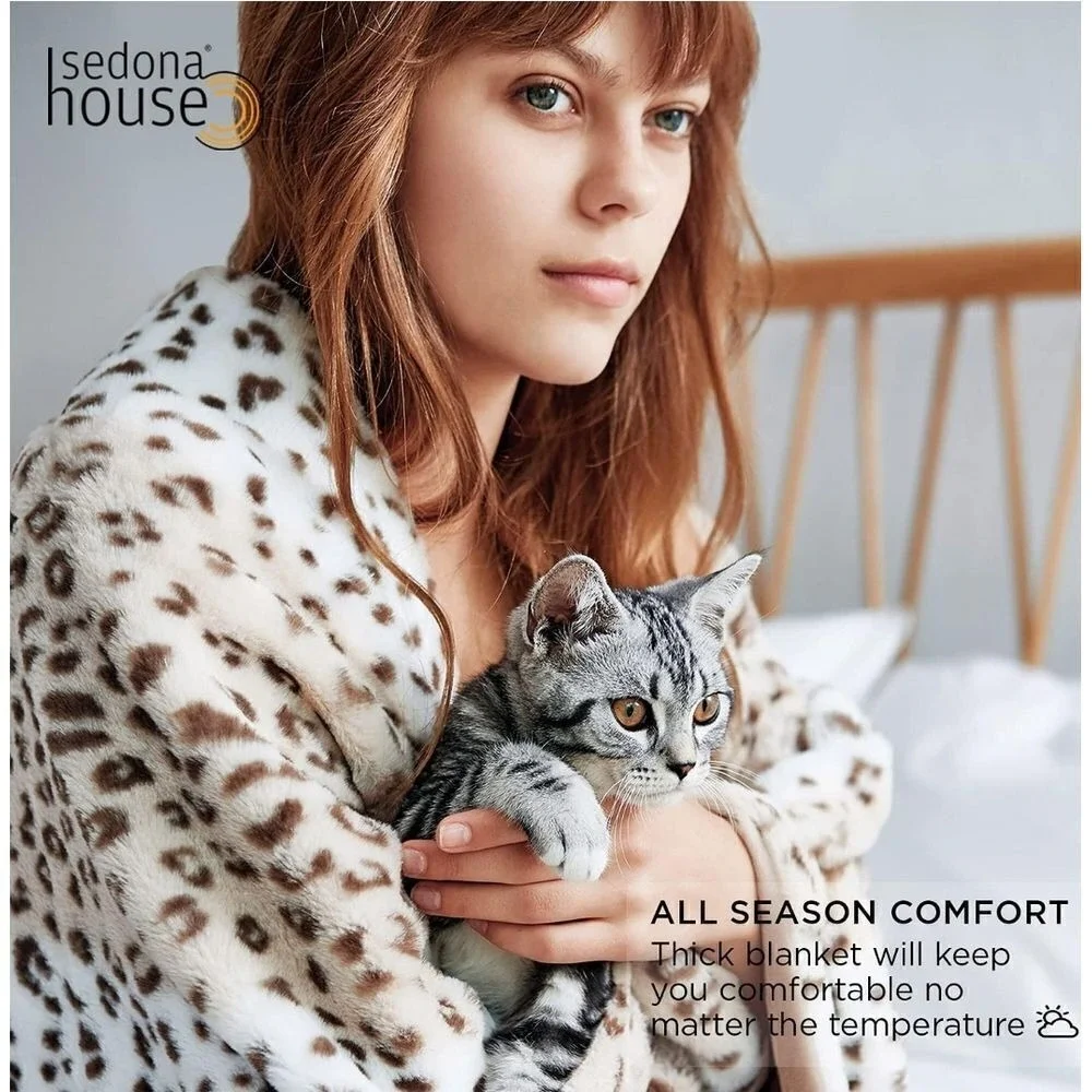 Sedona House Fuzzy‎ Faux Fur Throw Sand Leopard Blanket,Lightweight Plush Cozy